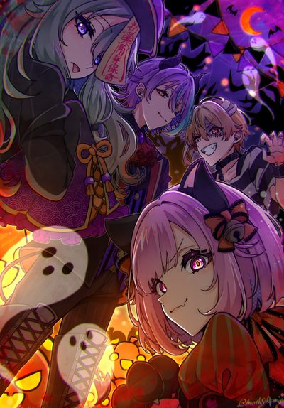 some anime characters standing in front of an orange and purple background with lots of lights Pjsk Halloween Halloween Pjsk Cards, Halloween Emu Otori, Mr Showtime Wxs, dark slate gray