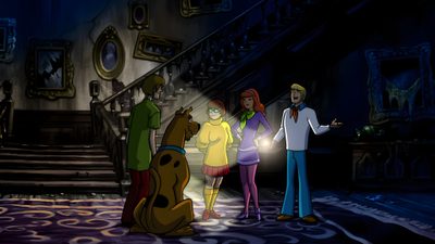 the animated family is talking to each other in front of stairs and staircase railings Scooby Doo Halloween 1920x1080 Animated Mystery Show, Family-friendly Mystery Shows, Halloween Party Decoration Ideas, black