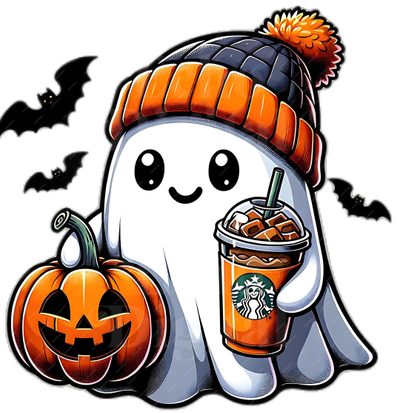 a white ghost with a starbucks drink and pumpkins Halloween Starbucks Halloween 2025 Image, Coffee Png, Pumpkin Clipart, Jersey Font, Race Car Party, misty rose
