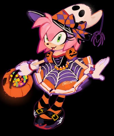 an image of a cartoon character holding a pumpkin in one hand and wearing a witch costume on the other Amy Rose Halloween Goth Amy Rose, Sonic Characters Halloween, Sonic Halloween Pictures, black