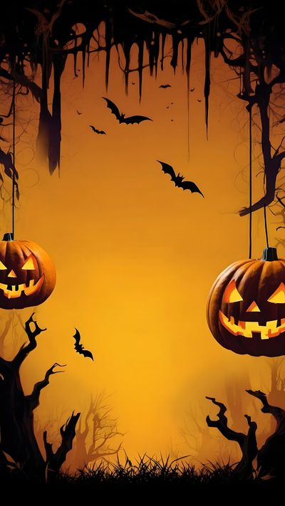 two pumpkins hanging from strings with bats in the background Show Me Halloween Halloween Background Ideas, Halloween Background Easy, Disney Halloween Apple Watch, chocolate