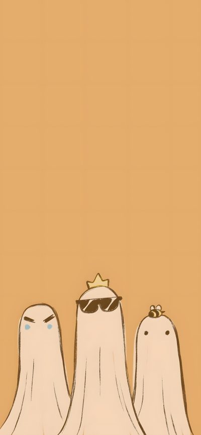 three ghost like creatures with sunglasses on their heads and one wearing a crown, standing in front of an orange background Trio Halloween Ghast, 3 Ghost, Happy Ghast, Happy Ghast Background, Soot, Sbi Pictures, sandy brown