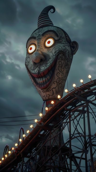 a creepy looking clown head on top of a roller coaster at an amusement park during the night Halloween Roller Coaster Funhouse Horror, Horror Imagery, Creepy Iphone, Scary Iphone, dark slate gray