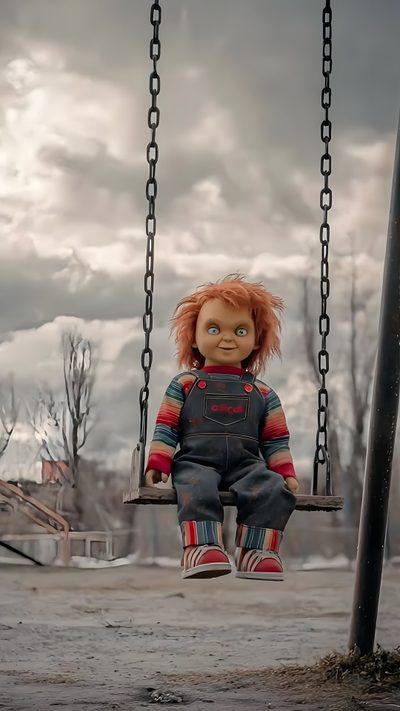 a creepy doll is sitting on a swing Halloween Iphone Chucky Chucky 4k Iphone, Lock Screen Lock Screen Chucky, 4k Chucky, Chucky Doll Iphone, gray