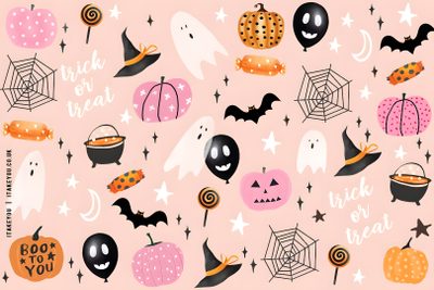 halloween seamless pattern with pumpkins, bats and other decorations on a pink background Preppy Halloween Desktop Halloween Iphone, Halloween, Halloween Desktop, Pink Desktop, bisque