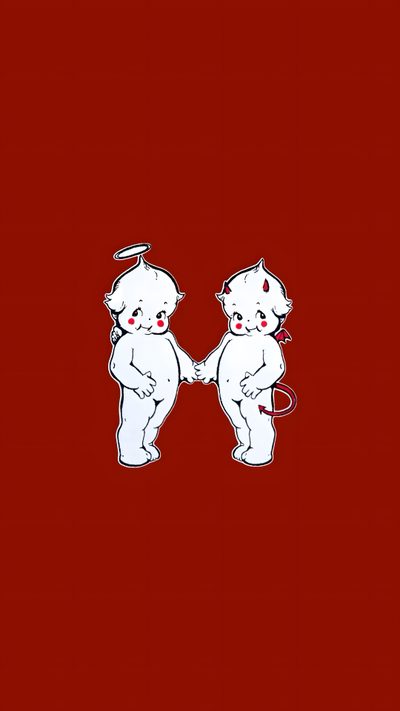 two small white bears holding hands on a red background with the word love written below them Kewpie Halloween Cute In Love, Kobo, Kewpie Devil, Vintage Valentines Iphone, Retro Valentines, dark red