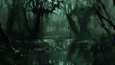 a swampy area with trees and water in the foreground, surrounded by moss Halloween Swamp Scary Swamps, Swamp Background, Swamp Creatures, Dark Swamp 4k, Swampy Green, black