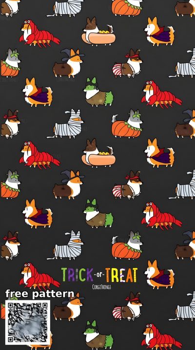a black background with dogs and cats in sweaters on it, as well as the text trick of treat Halloween Corgi Pattern Corgi Christmas Background For Phone, Corgi Halloween, Corgi Iphone, dark slate gray