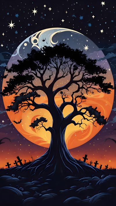 a painting of a tree in front of a full moon with stars and bats on it Halloween Tree Halloween Tree Pictures, Spooky Wolf, Halloween Tree Images, Halloween Wolf, black