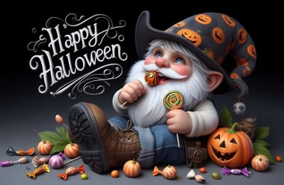 an image of a happy halloween gnome with candy Halloween Gnome Desktop Halloween, Good Afternoon, Halloween Troll, Images Of Happy Halloween, dark slate gray
