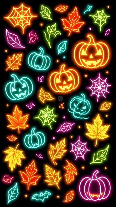a black background with neon lights and pumpkins on it's side, all in different colors Neon Halloween Pattern Iphone Macbook, Wicked Ways, Animal Print, Print, Phone, Iphone, black