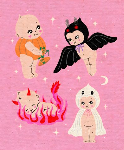 an image of angels and pigs on pink paper Kewpie Halloween Kewpie Ghost, Kewpie Dolls Drawing, Kewpie Illustration, Vintage Kewpie, Kewpie, light pink