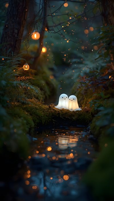 two white owls sitting on top of a moss covered forest next to a river at night Enchanted Halloween Witch Phone, Cute Ghost, Spooky Spring, Soft Halloween, Halloween Artwork, black
