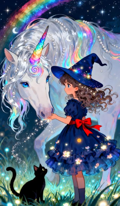 a girl in a blue dress standing next to a white unicorn Halloween Unicorn Unicorn Art, Cute Poster, Anime Drawings, Aesthetic, Fantasy Art, Witch, slate gray