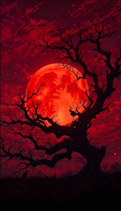 a painting of a tree with the moon in the background and red clouds above it Red Moon Halloween Red Moon Tree, Dark Red Moon Aesthetic, Red Inspiration, Red Moon Forest Drawing, maroon