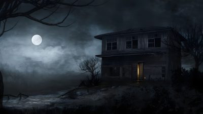 an old house in the middle of a dark forest with a full moon behind it Creepy Halloween 4k Haunted House Hd, Old Barn At Night Hd, Scary House Hd, Scary Dark House, black