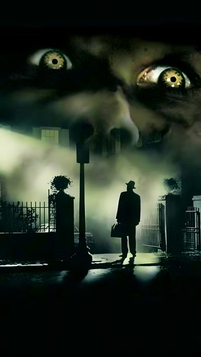 a movie poster with an evil looking man in front of a building and two large eyes Exorcist Halloween The Exorcist Poster, The Exorcist Horror, The Exorcist Movie, black