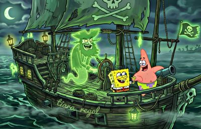 spongebob and patrick on a pirate ship in the ocean Spongebob Halloween 4k Tim Burton Art, Spongebob Flying Dutchman, Flying Dutchman, dark slate gray