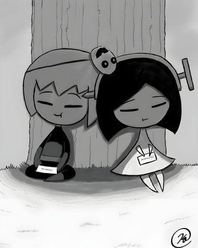 two cartoon characters sitting next to each other Missing Halloween Missing Halloween, Missing Halloween Fanart, Manga Halloween Icons, dark gray