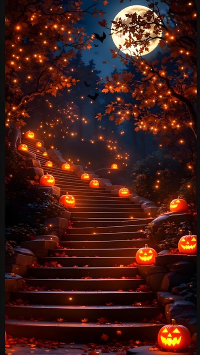 pumpkins are lit up on the steps in front of a full moon and trees Halloween 2023 Halloween Town, Spooky Halloween Pictures, Glow Halloween, Image Halloween, black