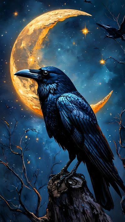 a painting of a black crow sitting on top of a tree stump with the moon in the background Halloween Raven Crow Images, Raven Artwork, Crow Painting, Raven Bird, Arte En Cristal, dark slate gray