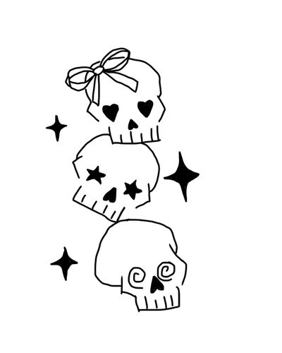two skulls with hearts and stars on their heads, one has a bow around its neck Black And White Halloween Skulls In Bow Skull Tattoos Simple, Simple Goth Tattoos, Small Skull Tattoo For Women,