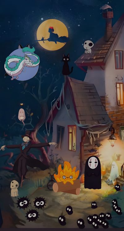 an animated halloween scene with ghost, pumpkins and other characters in front of a house Studio Ghibli Halloween Fall Ghibli, Studio Ghibli Halloween, Studio Ghibli Fall, dark slate gray