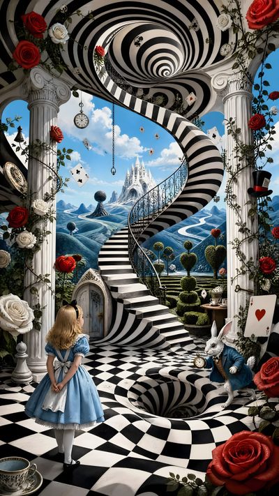 a painting of a girl standing in front of a staircase with roses on the floor Halloween Alice Custom Alice And The Wonderland, Alice In Wonderland Ideas, Wonderland Landscape, dim gray
