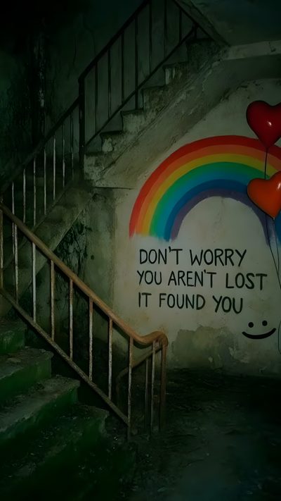 a rainbow painted on the side of a building next to stairs with balloons attached to it Weirdcore Halloween Weard Core, Experiment, Hyper Core Aesthetic, Surrealism Scary, Space Analog Horror, black