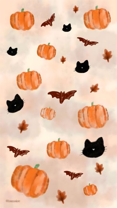 a painting of pumpkins and bats on a white background with the words happy halloween written in black Aesthetic Halloween Elements Phone, Iphone, Halloween Cat Background Aesthetic, Halloween Aesthetic, wheat