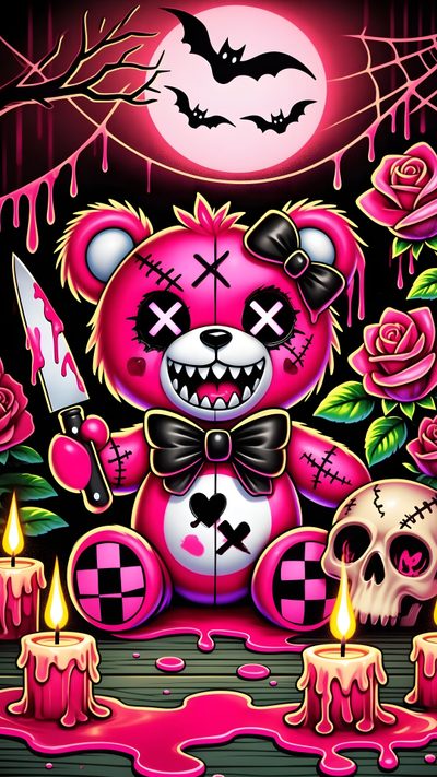a painting of a teddy bear holding a knife in front of some candles and roses Gloomy Bear Halloween Free For Iphone, Cute Horror Iphone, Cute Scary, Cute Horror Characters, brown