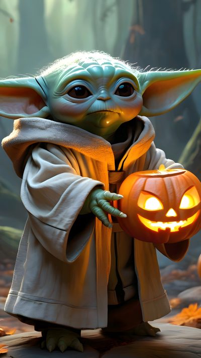 the child yoda is holding a pumpkin Star Wars Halloween Yoda Art, Halloween Baby Yoda, Baby Yoda Christmas Memes, dark olive green