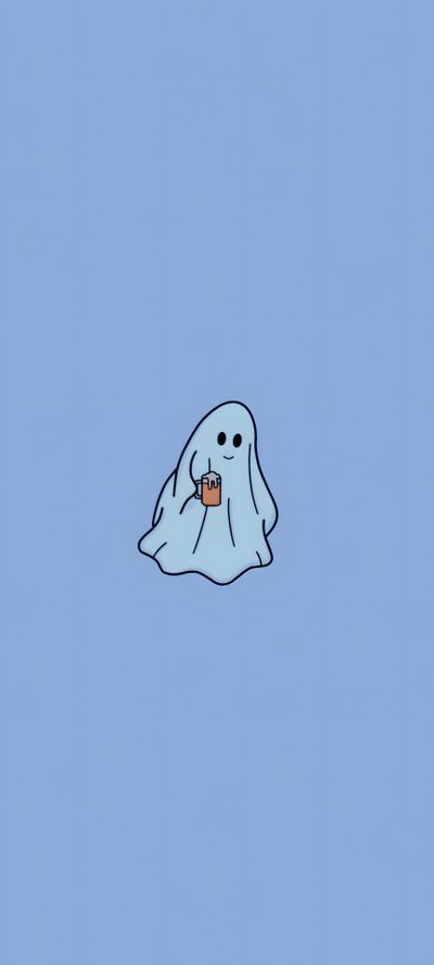 a ghost floating in the sky with a drink Cute Light Blue Halloween Snoopy, Drawings, Fictional Characters,