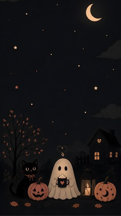 a halloween scene with ghost, cats and pumpkins in the dark sky at night Minimalist Halloween Phone Minimalist Halloween, Minimalist Phone, Dark Cottagecore, Cozy Fall Decor, black