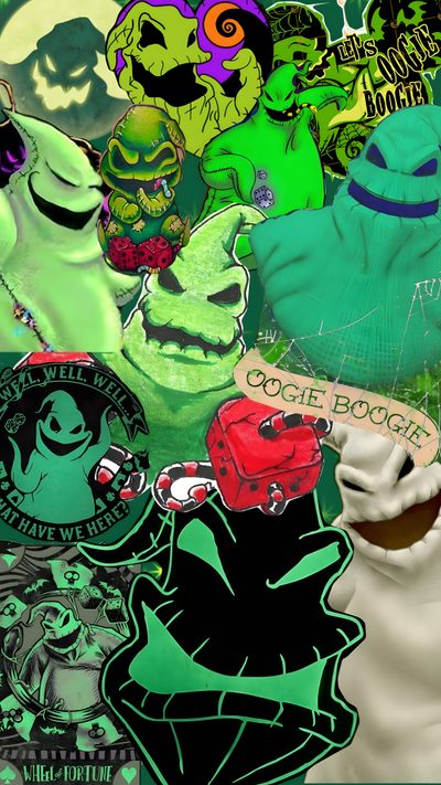 a collage of various images with different colors Halloween Bogey Creepy Oogie Boogie, Boogie Man, Jack Skellington And Oogie Boogie, sea green
