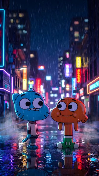 two cartoon characters standing in the rain on a city street at night with neon lights Gumball Halloween World Of Gumball, Couture Facile, Cartoon Network, Cartoon, Real Life, dark slate gray
