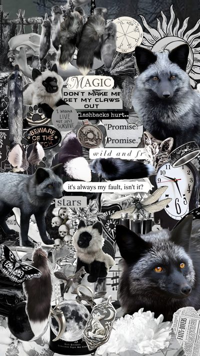 a collage of different types of animals and things that are in black and white Therian Halloween Creative Wall Art Inspiration, Black And White Fox Art, Gothic Animal Collage, dim gray