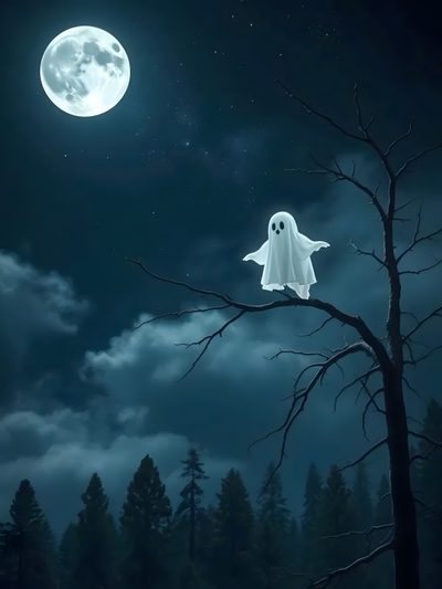 a ghost is flying in the night sky over a tree and full moon behind it Halloween Ghost Tree Full Moon Ghost Image, Ghost On Tree Branch At Night, Halloween Decoration Ideas, dark slate gray