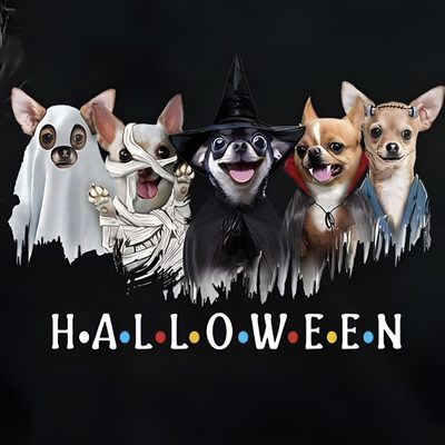 four chihuahuas dressed in halloween costumes with the words halloween written below them on a black background Halloween Chihuahua Halloween Chihuahua Meme, Chihuahua Skeleton Halloween, Chihuahua Halloween Gif, black