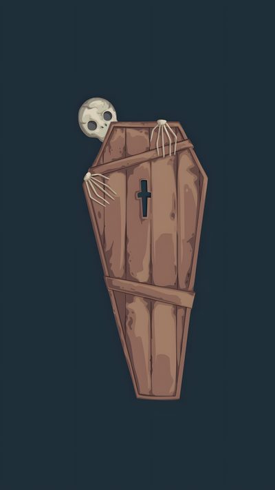 a wooden box with a skull on top and a cross in the middle is shown Cute Halloween Coffin Aesthetic Coffin, Cute Coffin Phone, Coffin, Spooky Coffin, dark slate gray