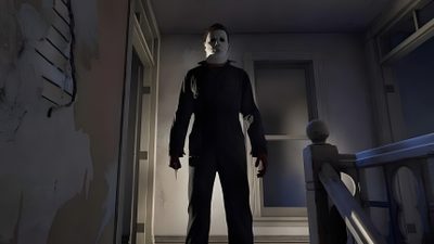 a creepy looking man standing in an empty hallway Halloween The Game Halloween The Game, Michael Myers, Product Launch, Halloween, dark slate gray