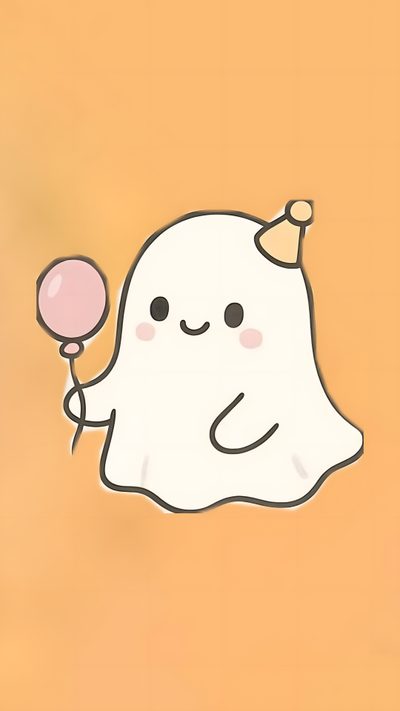 a cartoon ghost holding a pink balloon Cute Halloween Birthday Birthday Ghost Drawing, Birthday Ghost, Halloween Profile Pics, light salmon