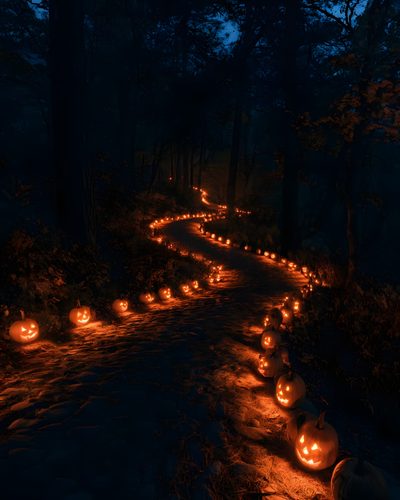 many pumpkins lit up in the dark on a path through the woods at night Halloween Pumpkin Path Halloween, black
