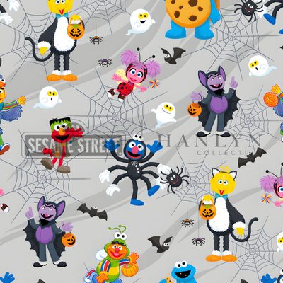 an image of halloween characters and bats on a grey background with white spider webs Sesame Street Halloween Bamboo Clothing, Bamboo Blanket, Warm Hug, Getting Cozy, Plush Blanket, light gray