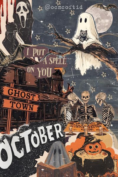 a collage of halloween images including ghost and skeletons Vintage Halloween Collage Summerween Kindle Insert, Halloween Fall Aesthetic, Halloween Ipad Lockscreen, dim gray