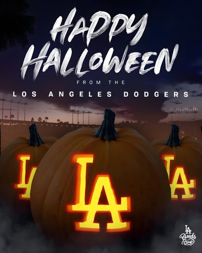 three pumpkins with the los angeles dodgers on them, all lit up at night Dodgers Halloween Dodger Halloween, Dodger Pumpkin, Dodgers Pumpkin, Dodgers Pumpkin Painting, black