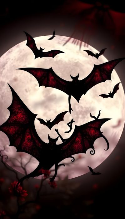 a full moon with bats flying in the night sky and blood red leaves on it Halloween Vampire Cool Vampire Background, Vampire Iphone, Cute Gothic Bat, Vampire Bat, black