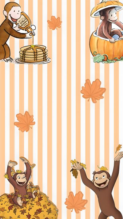 an image of monkeys in the fall with pumpkins and leaves on striped wallpaper Halloween Monkey Curious George, Curious George Fall, Curios George Background Fall, Y2k Fall, navajo white