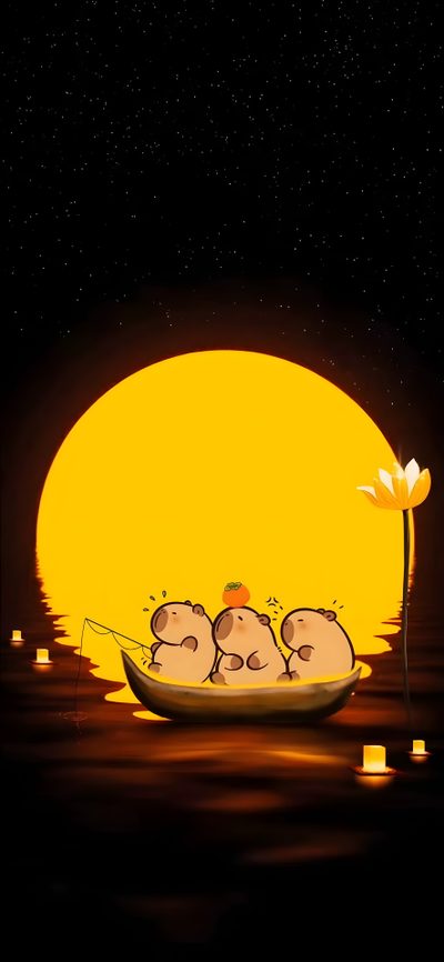an animated scene with three pigs floating on a boat in the water at night time Cute Capybara Halloween Cute Capybara Aesthetic, Capybara And Otter, Capybara Animated, black