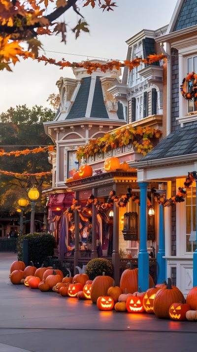 pumpkins are lined up in front of a building with lights and decorations on it Magic Kingdom Halloween Disney World Fall, Halloween En Disney, Disneyland Paris Autumn, dim gray